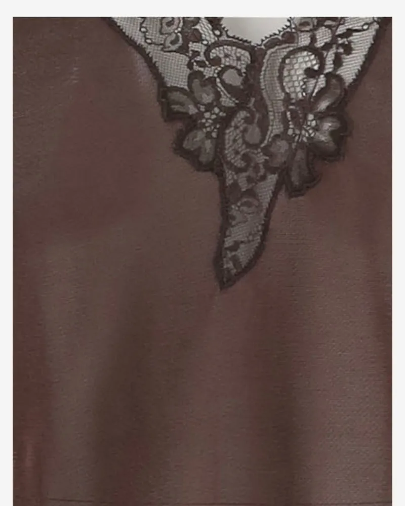 Balmain Lace V-Neck Viscose Tank Top — Brown Brown