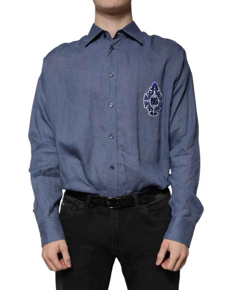 Dolce & Gabbana Men Blue Logo Long Sleeve Button Down Casual Shirt Flax Blue