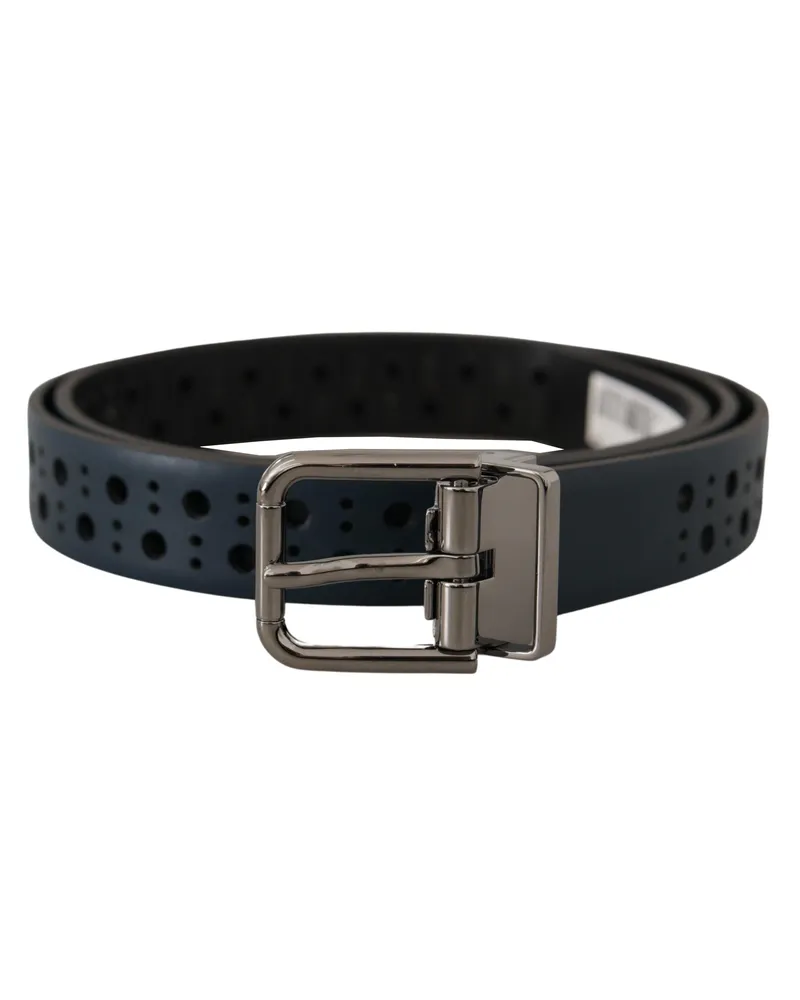Dolce & Gabbana Perforated Leather with Metal Buckle Belt — Navy Navy