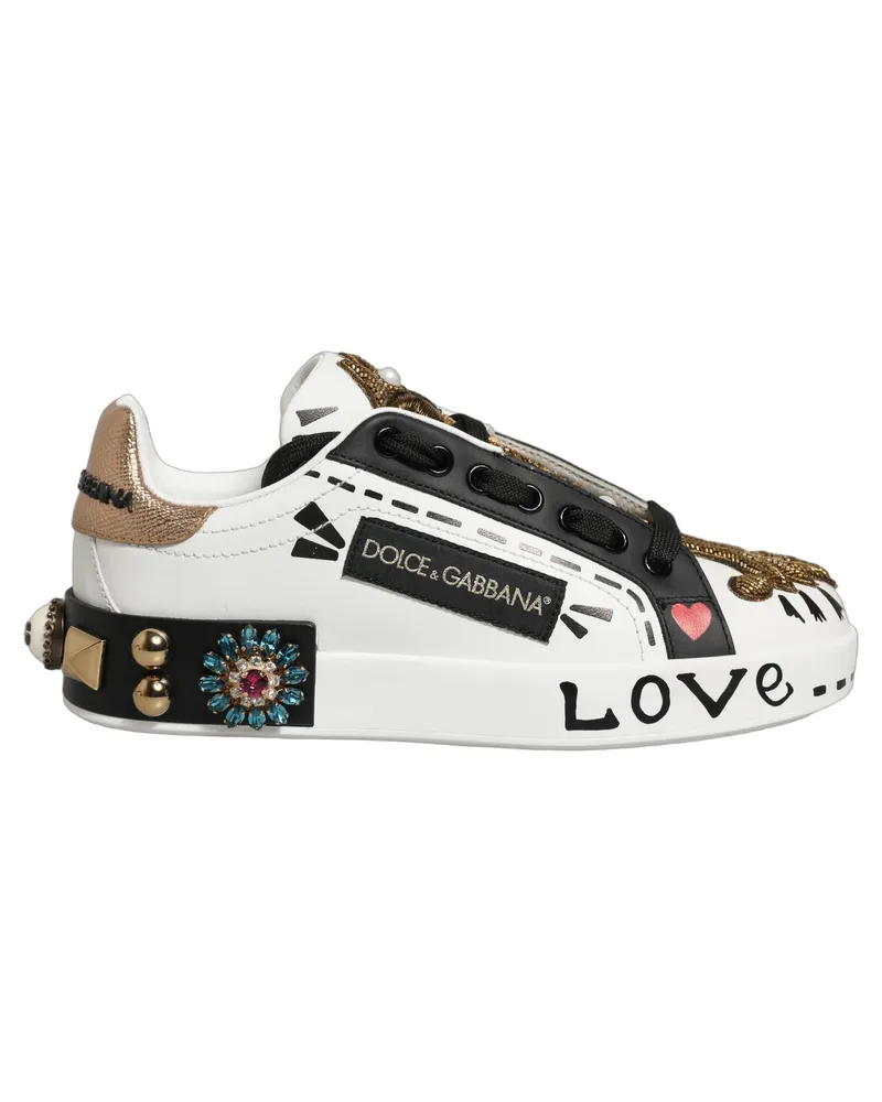Dolce & Gabbana Women's White Gold Studded Portofino Sneakers Shoes Calf Leather White