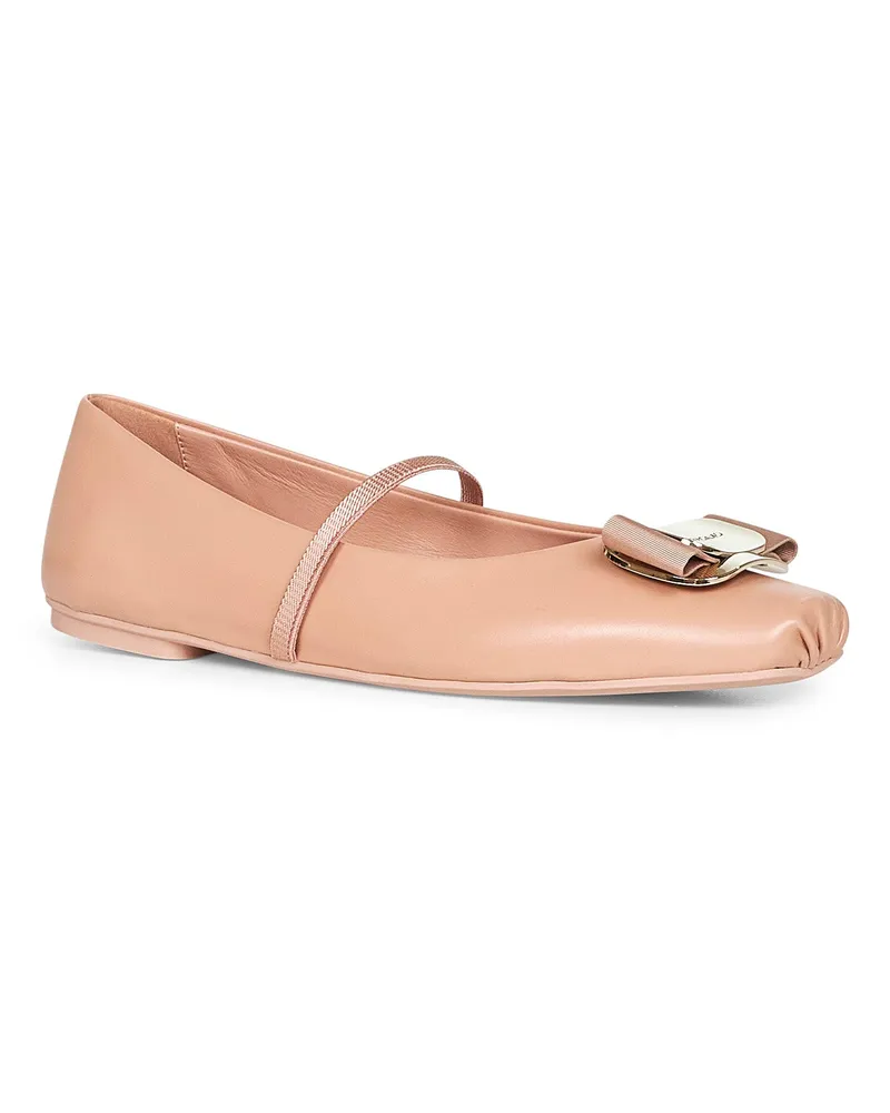 Ferragamo Women's New Vara Plate Ballet Flats Nude Nappa Leather Furs & Skins - Lamb Skin Ballerina Shoes Beige