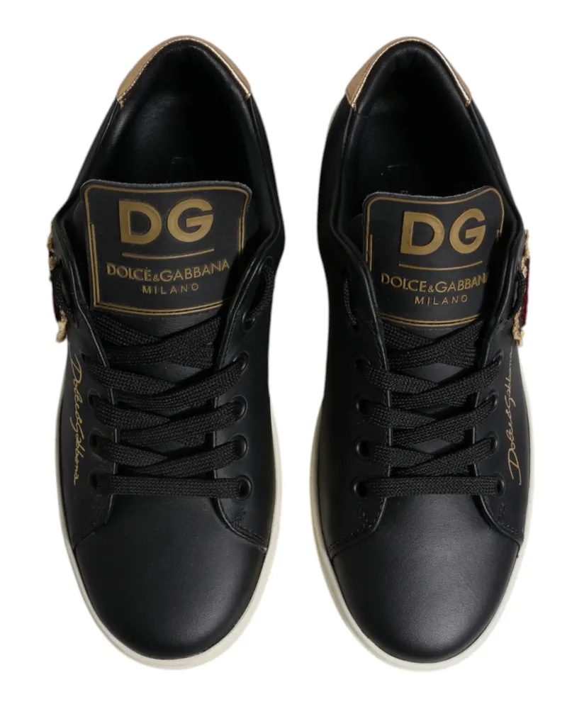 Dolce & Gabbana Women's Black Leather Gold Red Heart Sneakers Shoes Black