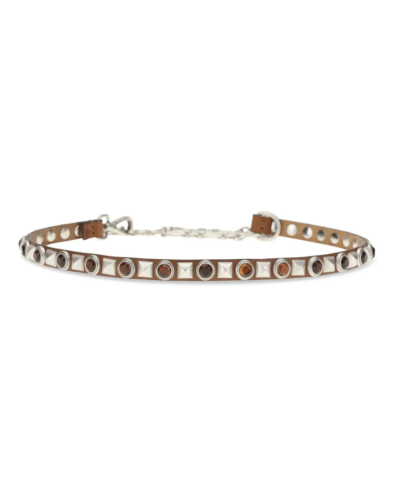 Etro Women's Leather Belt With Jeweled Studs M0448 Calf Bos Taurus E Braces Brown