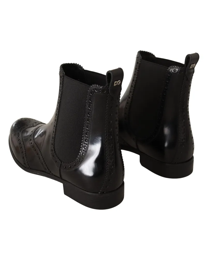 Dolce & Gabbana Women's Black Leather Ankle High Flat Boots Shoes Black