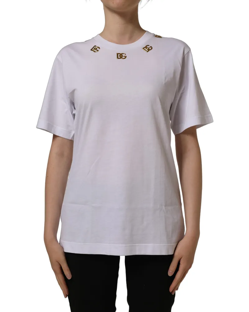 Dolce & Gabbana Women White Cotton Gold Dg Logo Crew Neck T-Shirt White