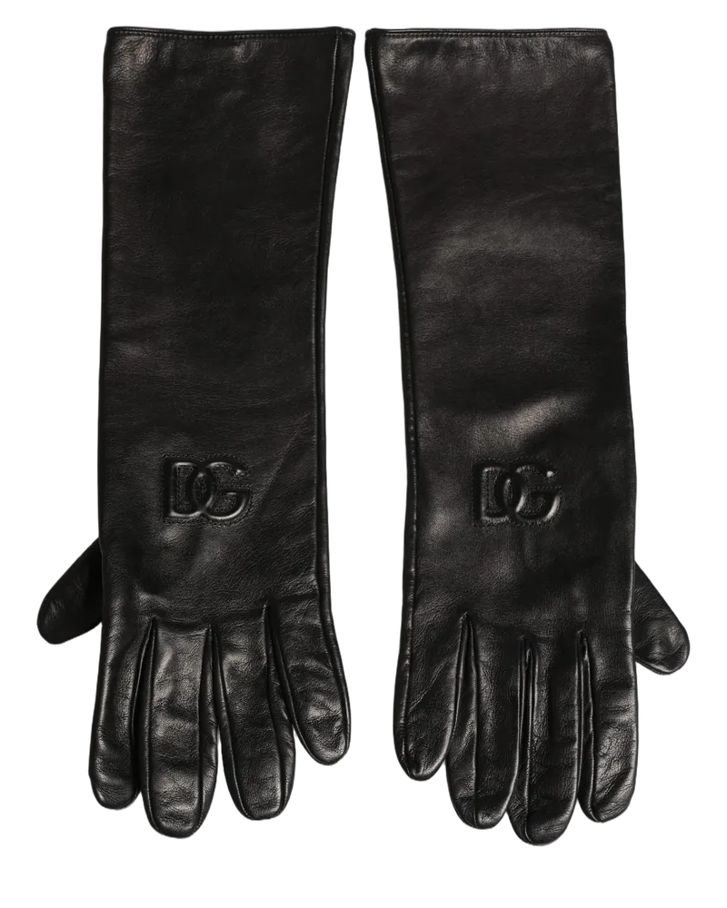 Dolce & Gabbana Embossed DG Logo Leather Gloves — Black Black