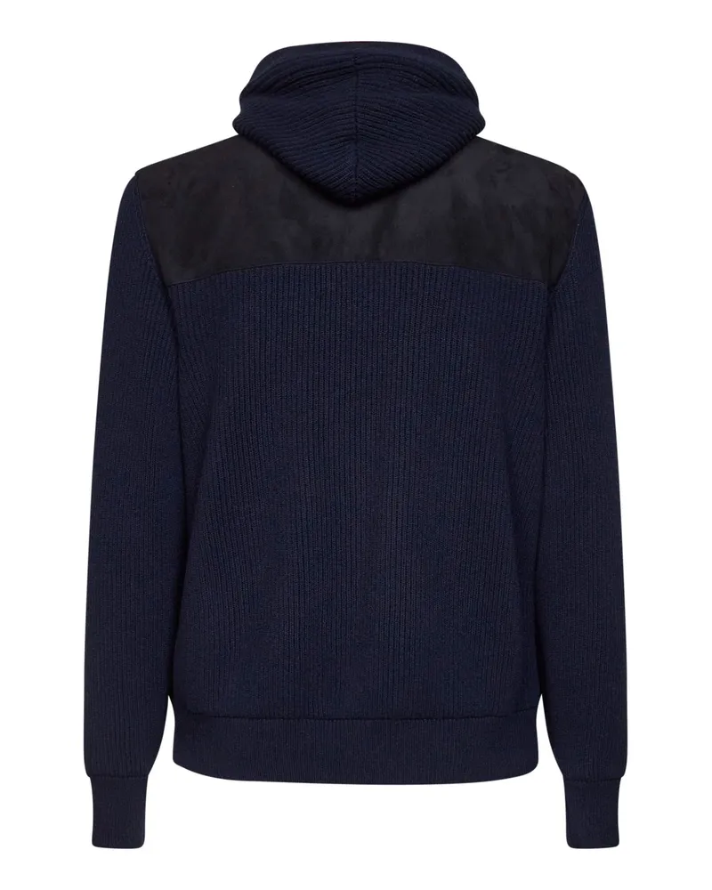 Brunello Cucinelli Men's Hooded Jacket Navy Blue Suede And Knit Bomber Navy