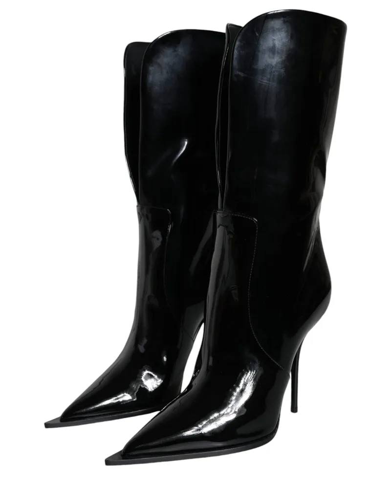 Dolce & Gabbana Women's Black Patent Leather Mid Calf Boots Shoes Black