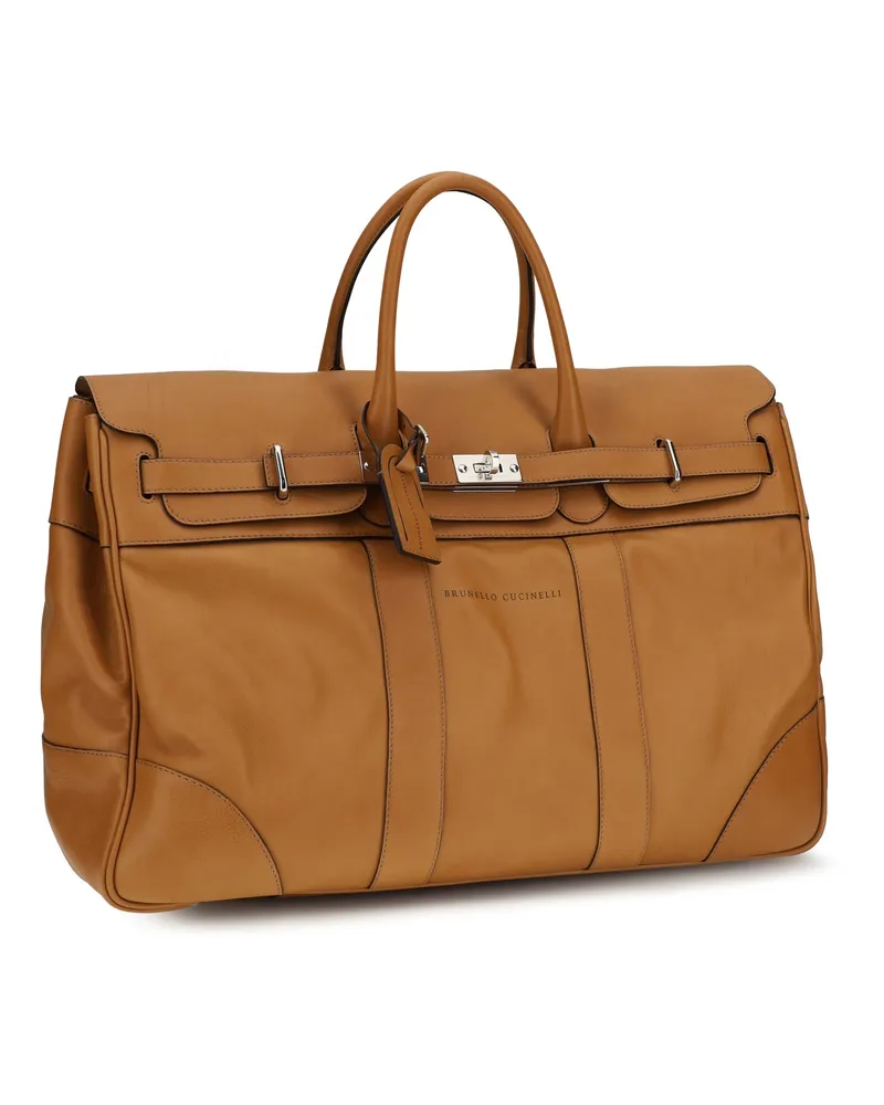 Brunello Cucinelli Men's Leather Travel Bag With Logo Naturale Calf Bos Taurus Suitcases Brown