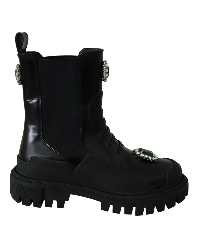 Dolce & Gabbana Women's Black Leather Crystal Combat Boots Black