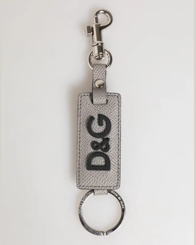 Dolce & Gabbana Gray Leather Logo Metal Ring Keychain Holder Men Keyring Calf Gray