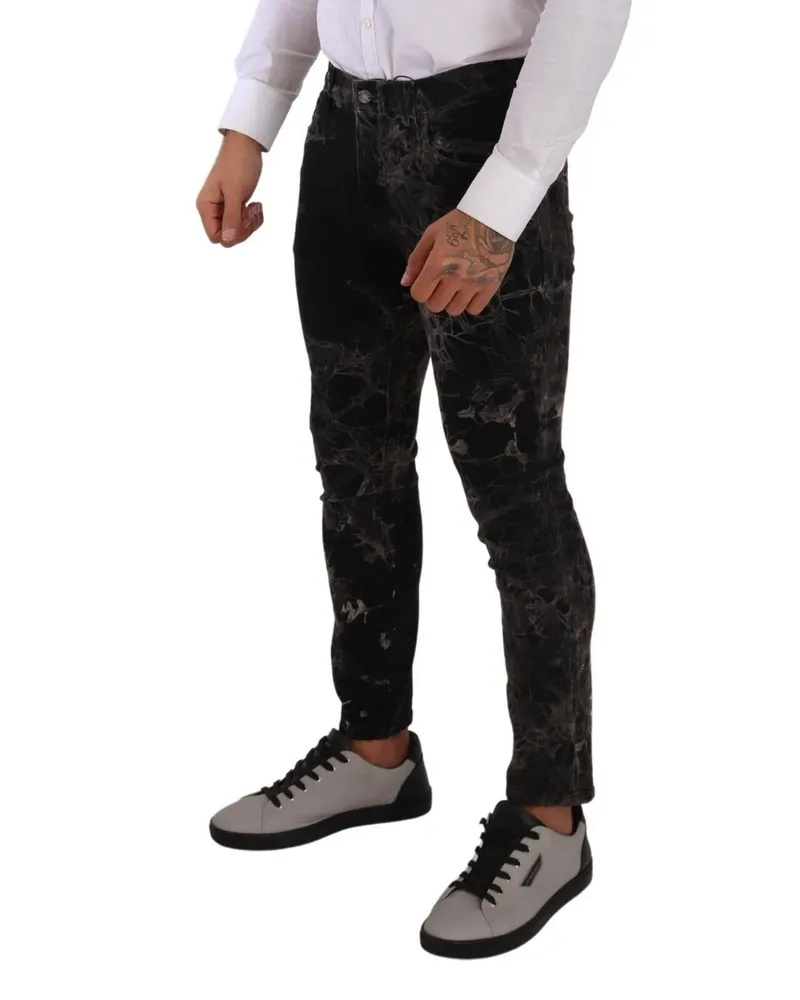 Dolce & Gabbana Men's Black Patterned Skinny Slim Fit Jeans And Gray Cotton Clothing Black