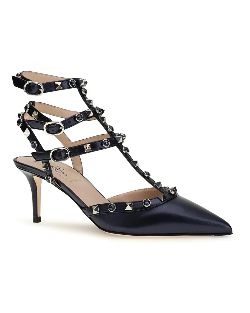 Valentino Garavani Women's Rockstud Pumps Laminated Leather Purplish Navy-Dark Indigo Calf Bos Taurus Navy/dark High Heel Shoes Navy