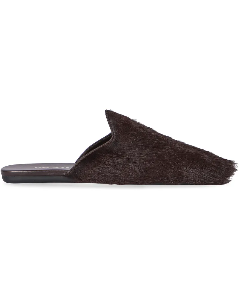 Prada Women's Lamb-Fur Leather Mules Cacao Slippers Flat Shoes Brown