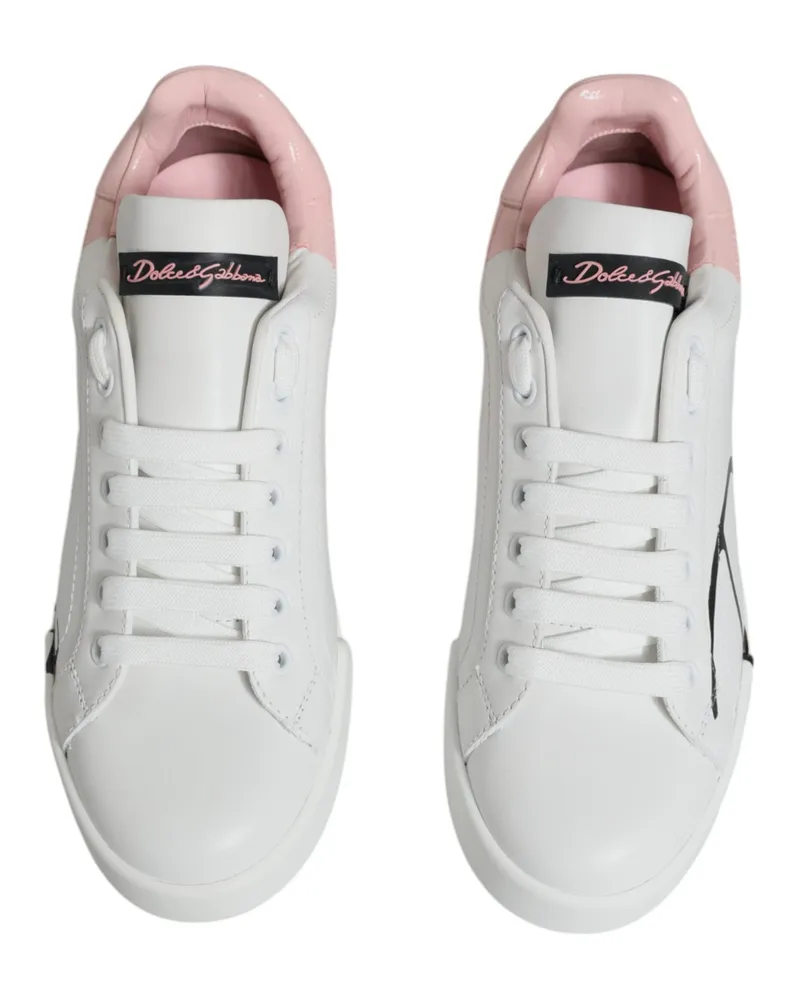 Dolce & Gabbana Women's White Pink Portofino Low Top Sneakers Shoes Calf Leather White