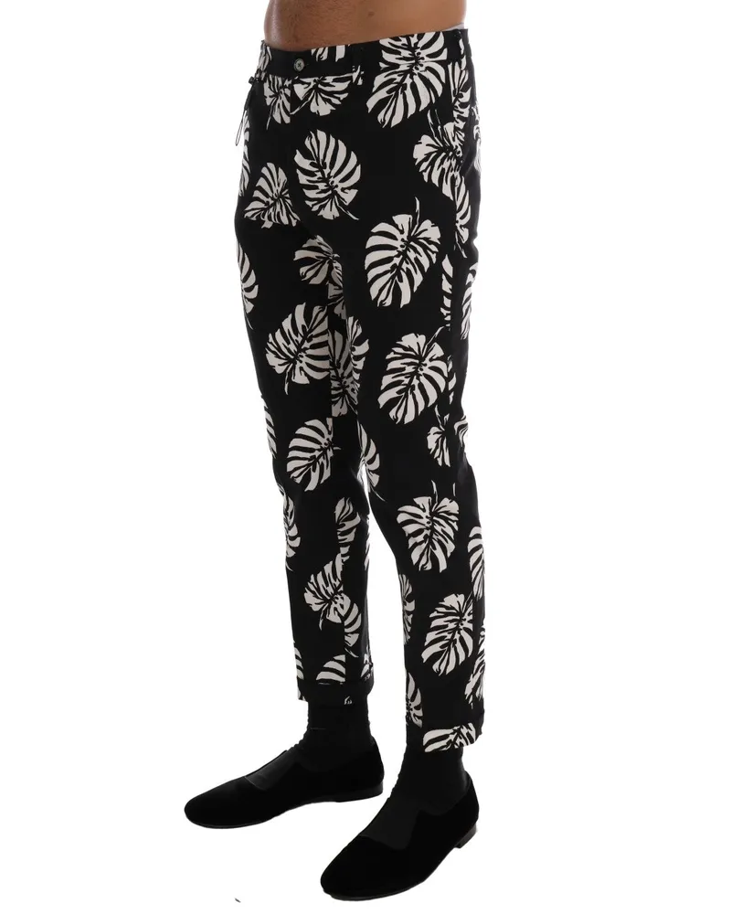 Dolce & Gabbana Men's Leaf-Print Cotton Stretch Trousers Black Elastane Black