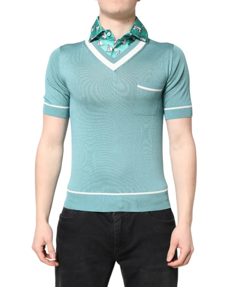Dolce & Gabbana Men's Green Printed Collared Short Sleeve T-Shirt Silk Green