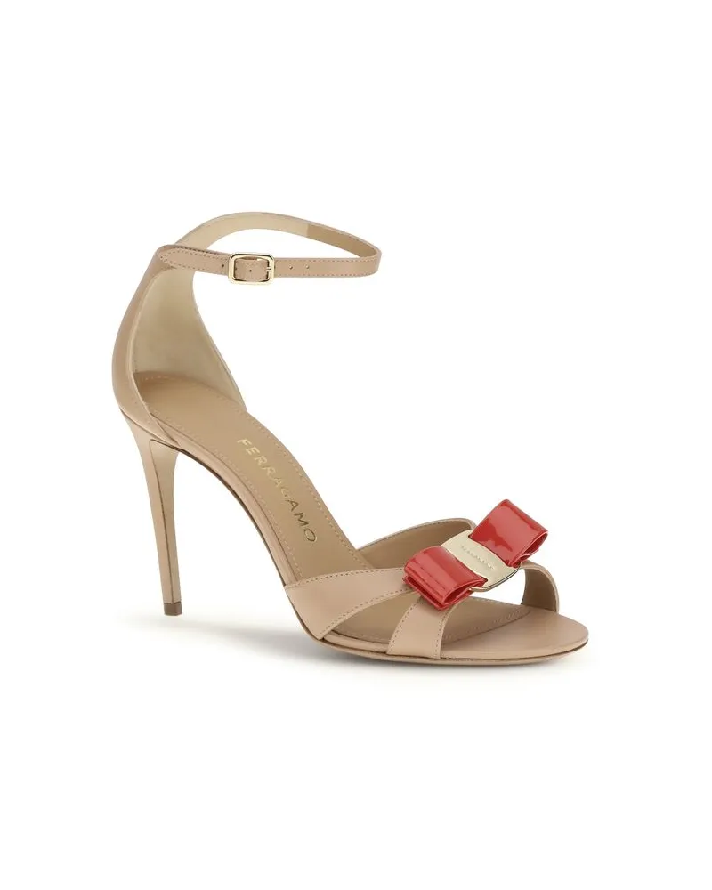 Ferragamo Women's Vara Sandal Beige Calf Leather Bos Heels Beige