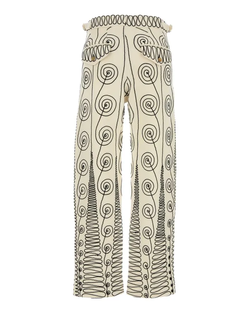 BODE Men's Embroidered Wool Quillwork Pant Creamblack Exterior: Pantaloni Beige