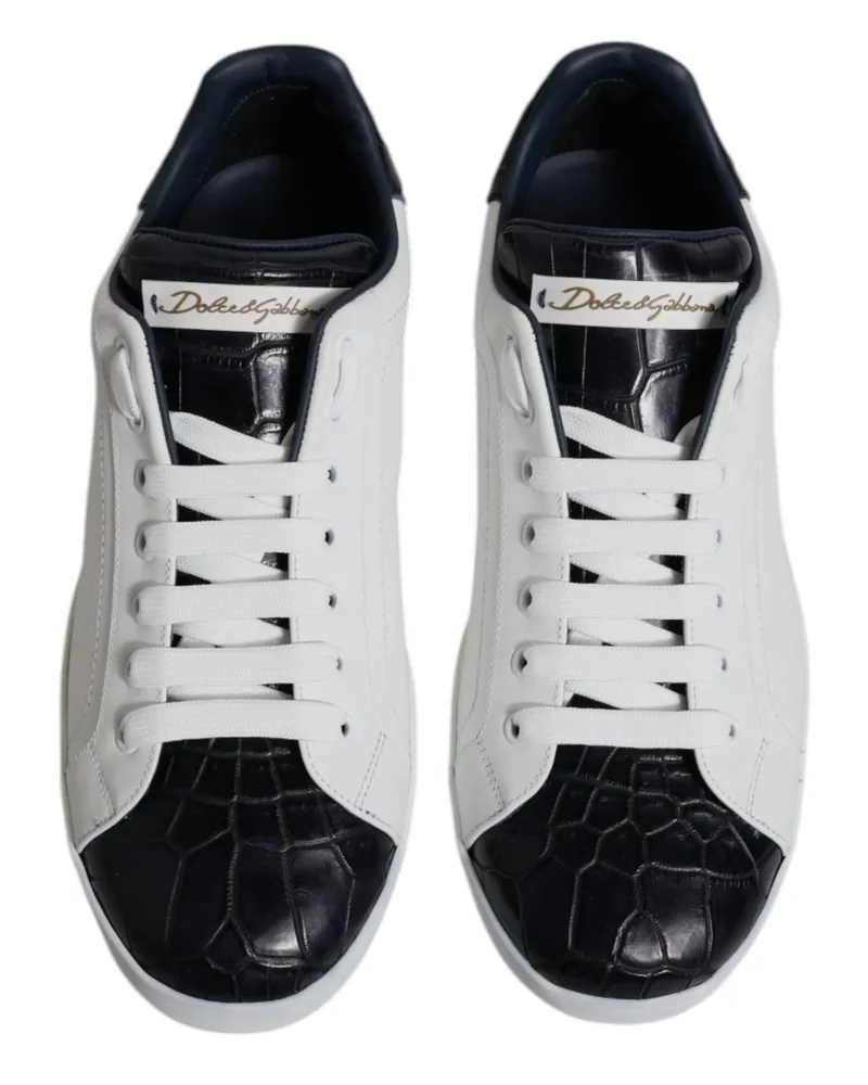 Dolce & Gabbana Men's White Black Leather Portofino Sneakers Shoes And Calfskin Crocodile White
