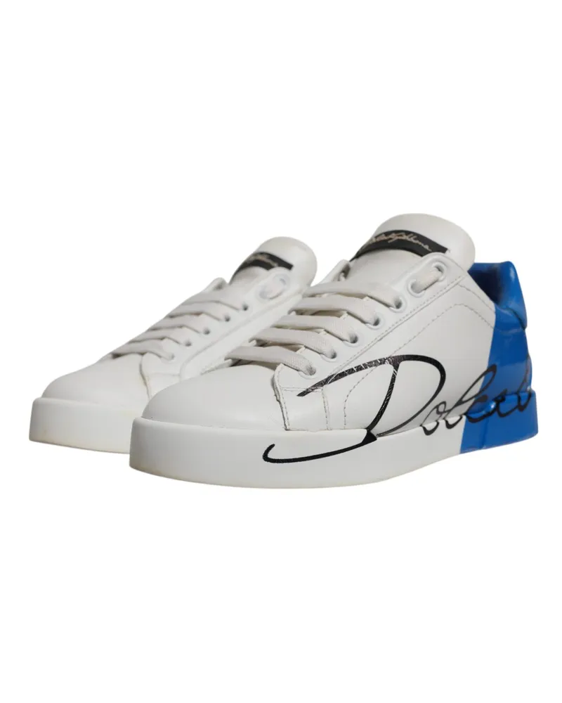 Dolce & Gabbana Women's White Blue Logo Portofino Sneakers Shoes And Calfskin Leather White