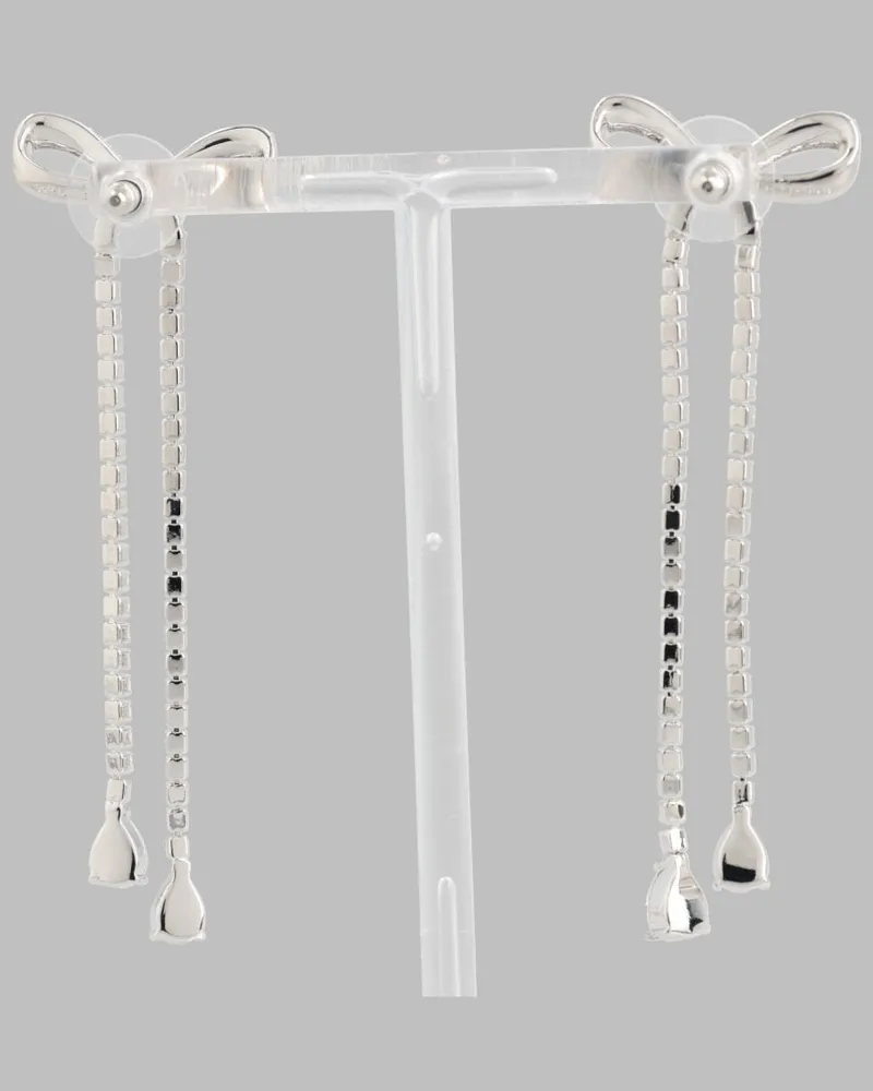 Self-Portrait Crystal-Embellished Bow Drop Earrings — Silver Silver