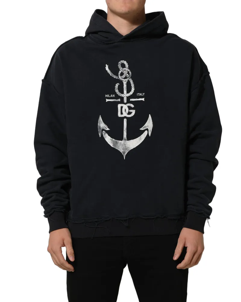 Dolce & Gabbana Men's Black Anchor Print Hooded Sweatshirt Sweater Cotton Clothing Black