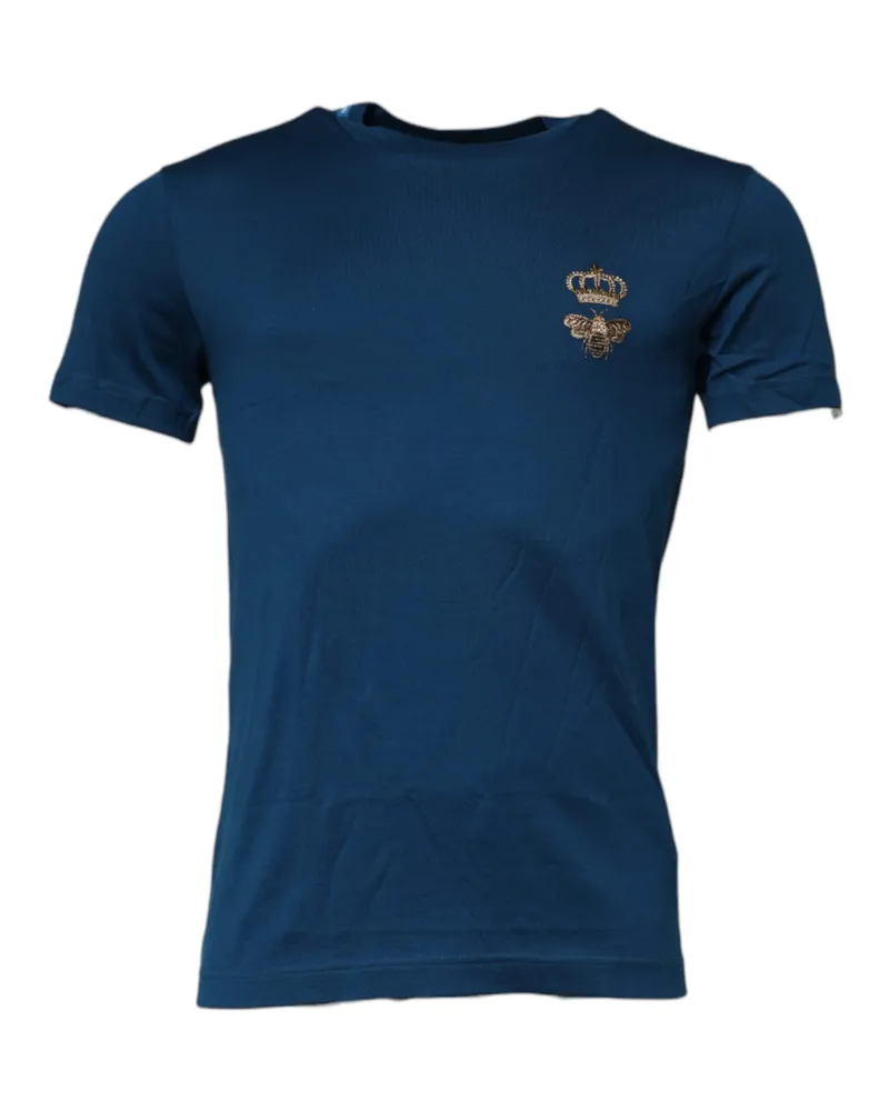 Dolce & Gabbana Crown Bee-Embroidered Cotton T-Shirt — Blue Blue