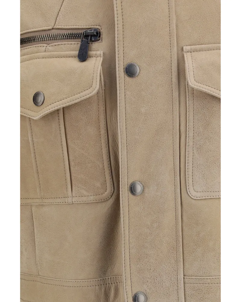 Brunello Cucinelli Waxed Shearling Jacket — Beige Beige