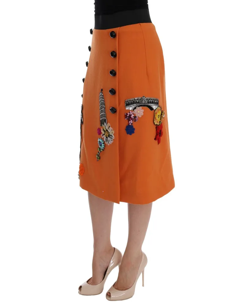 Dolce & Gabbana Women Orange Wool Crystal Sequin Appliques Skirt Virgin Orange