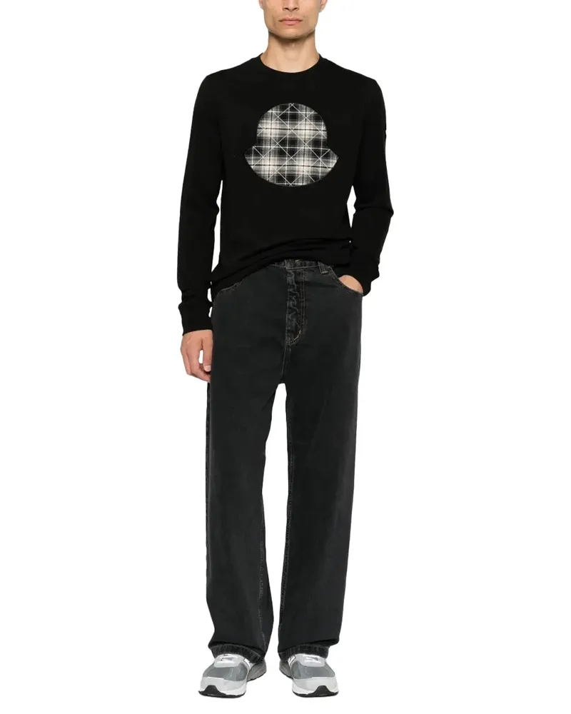 Moncler Check Panel Cotton Jersey T-Shirt — Black Black