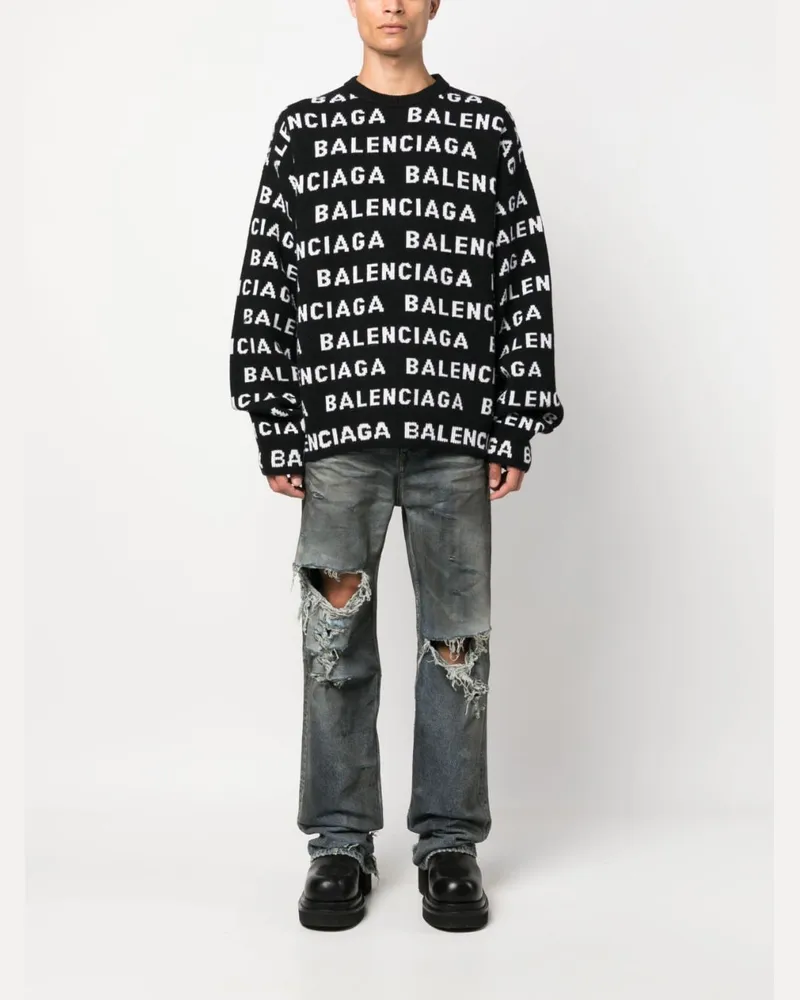 Balenciaga Logo Intarsia Knit Sweater — Black Black