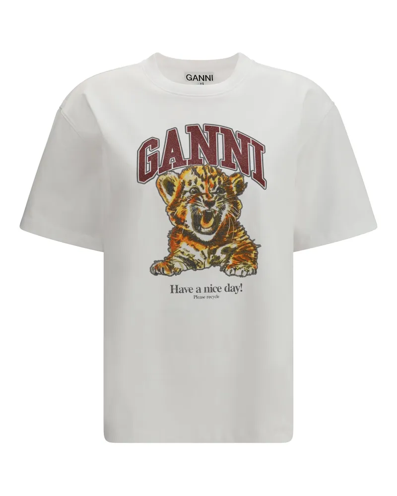Ganni Women's T-Shirt Beaded Tiger Bright White Cotton T-Shirts & Jerseys White