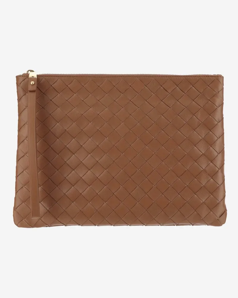 Bottega Veneta Women's Medium Flat Intrecciato Pouch Brown Lambskin Clutch Bags Brown