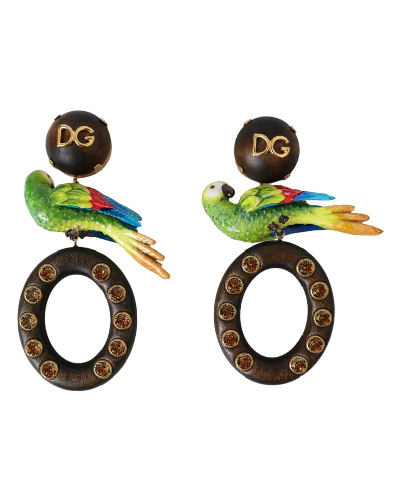Dolce & Gabbana Women's Multicolor Parrot Wood Brass Crystal Embellished Earrings Resin Real Glass Multicolor