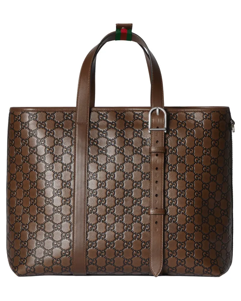 Gucci Men's Tote Bag Gg Emblem Brown Leather Calf Handbags Hand Brown