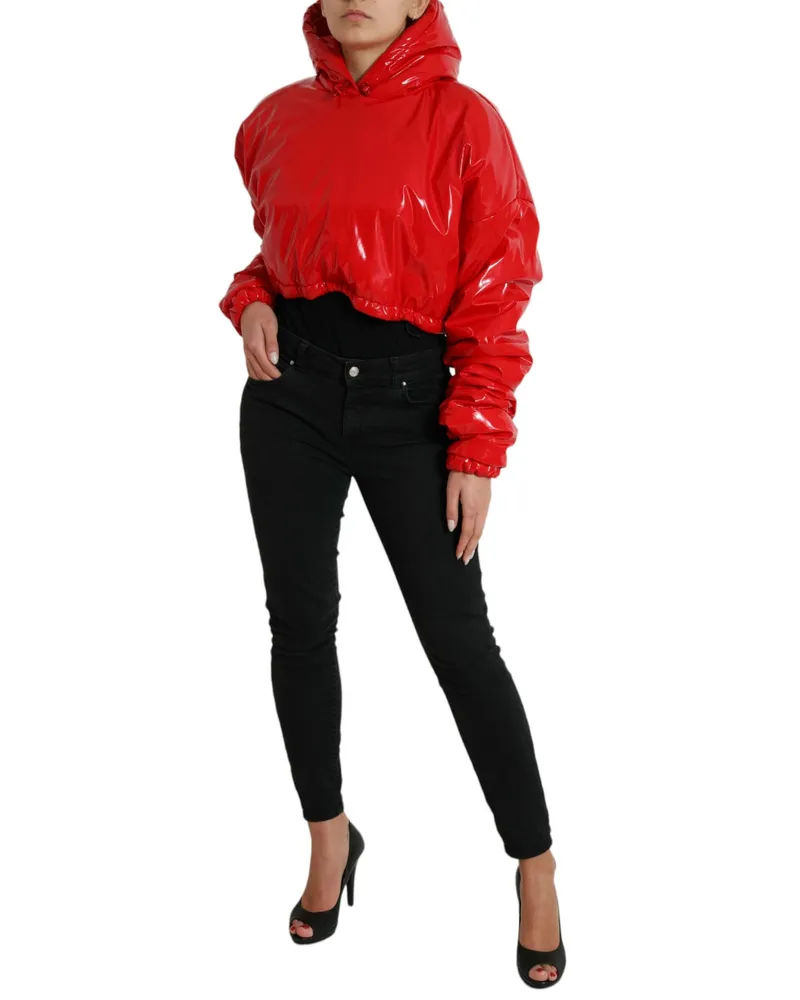 Dolce & Gabbana Women Shiny Red Hooded Cropped Short Coat Jacket Red