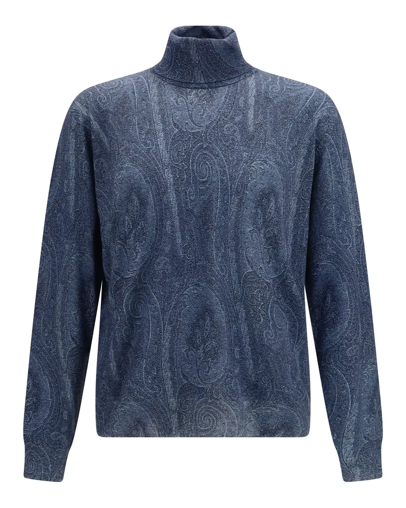 Etro Men's Turtleneck Sweater Silk Print On Blue Background Blue
