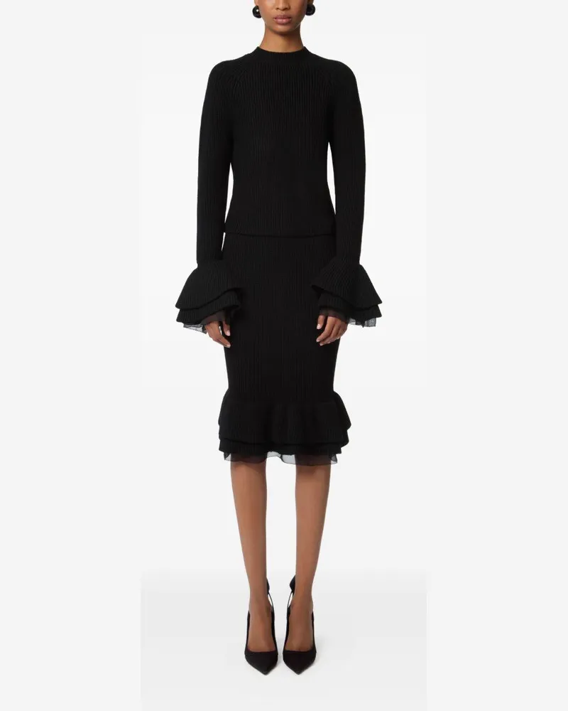 Nina Ricci Women's Skirt Ribbed Virgin Wool Midi Black Black