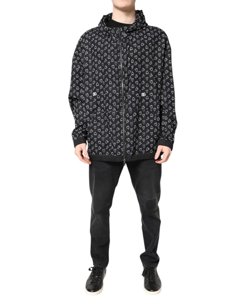 Dolce & Gabbana Men's Black Heart Print Hooded Windbreaker Jacket Cotton Clothing Black