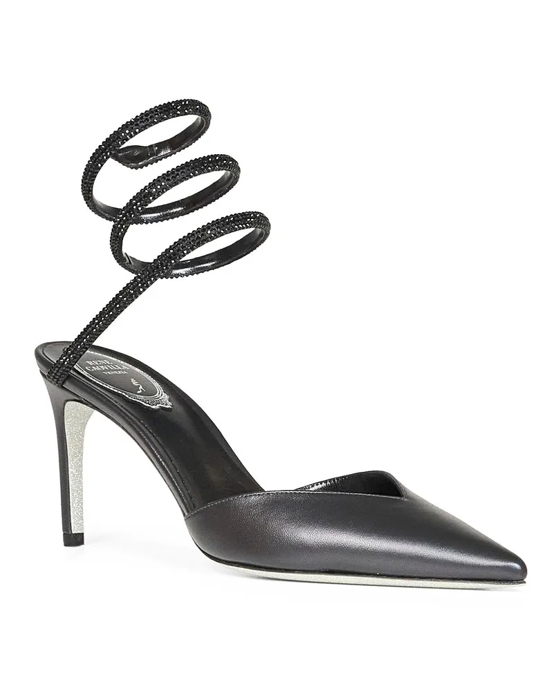 René Caovilla Women's Slingback Pumps With Crystal Snake Detail Black Lambskin High Heel Shoes Black