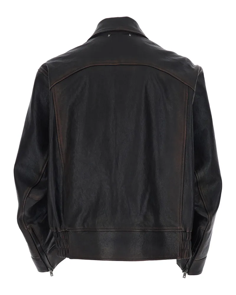 Golden Goose Men's Leather Jacket Brown Aged Effect Ovine Coat Brown