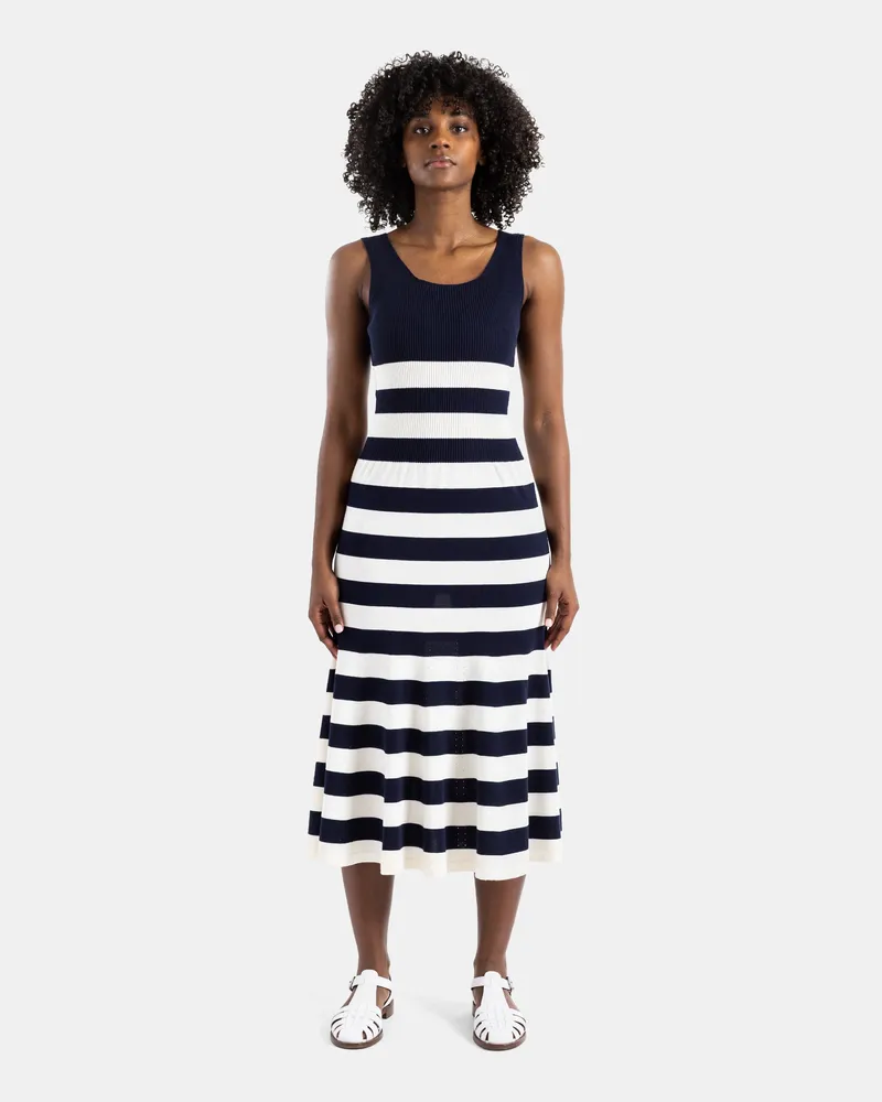 Junya Watanabe Women Midi Striped Knit Dress Navy Blue Navy