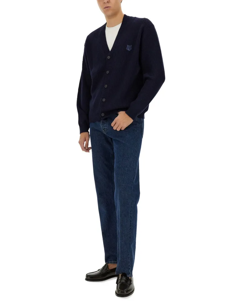 Kitsuné Ribbed Merino Wool Blend Cardigan — Blue Blue