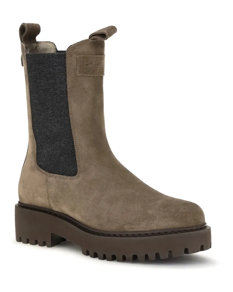 Brunello Cucinelli Women's Suede Ankle Boots With Knit Insert And Precious Loop Detail Torba Torba