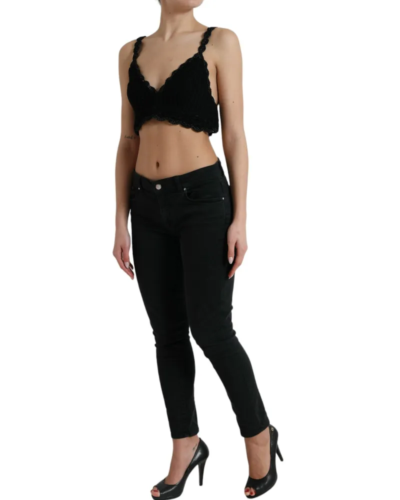 Dolce & Gabbana Women's Black Cotton Bustier Cropped Crochet Tank Top Viscose Black