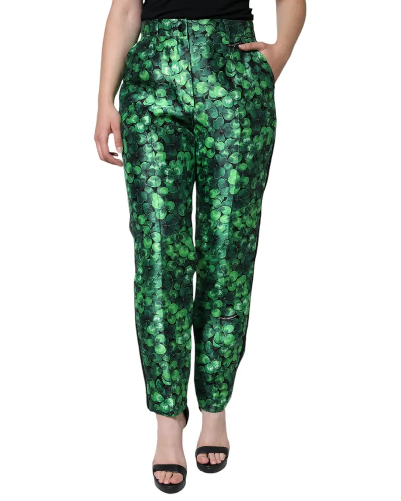 Dolce & Gabbana Women's Green Clover Silk Satin High Waist Tapered Pants Polyester Green