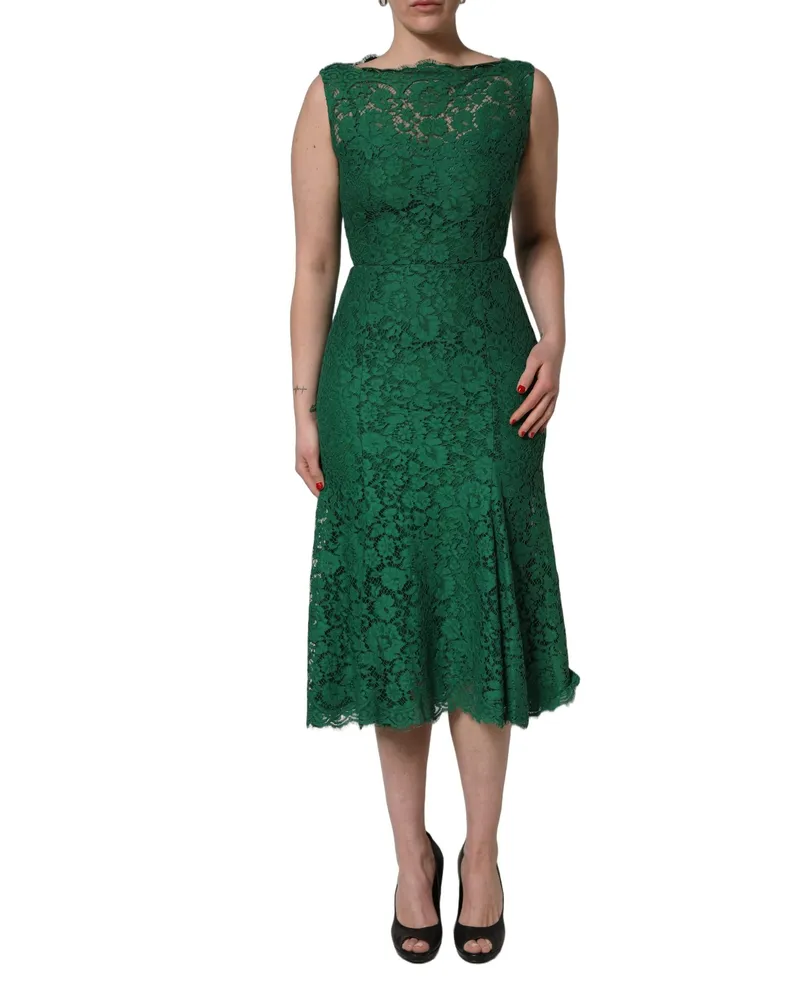 Dolce & Gabbana Women's Green Floral Lace Cotton Sleeveless Midi Dress Nylon Viscose Green