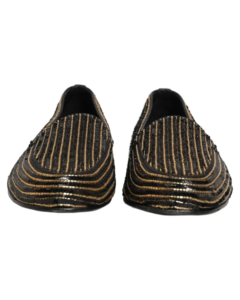 Dolce & Gabbana Black Gold Sequined Men Dress Loafers Shoes Leather Black
