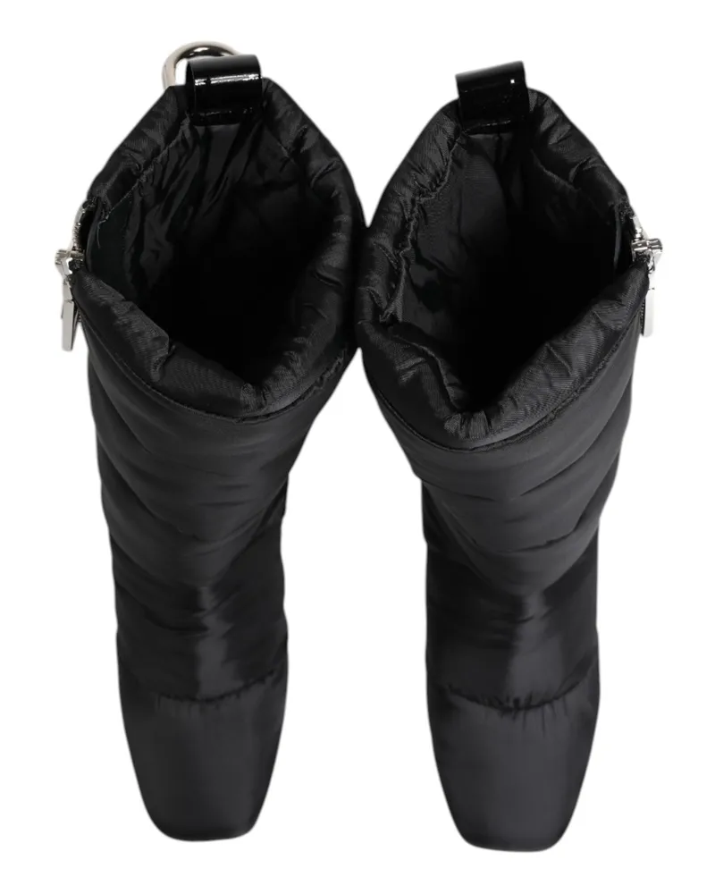 Dolce & Gabbana Women's Black Padded Mid Calf Logo Heel Boots Shoes Polyester Pu Leather Black